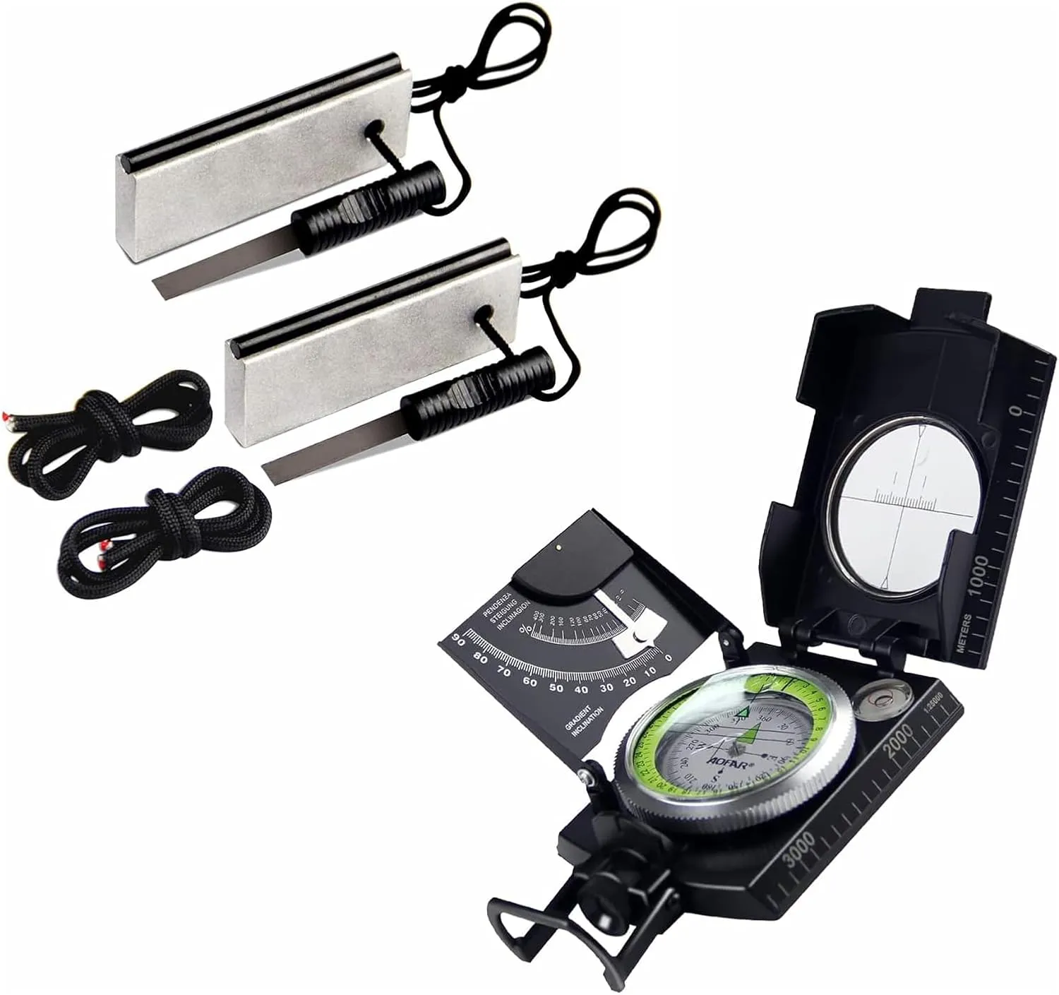 AOFAR AF-4074 Military Compass and Magnesium Fire Starter AF-374 (2-Pack) for Hiking,Lensatic Sighting Waterproof,Durable,Inclinometer for Camping,Boy Scount,Geology Activities Boating