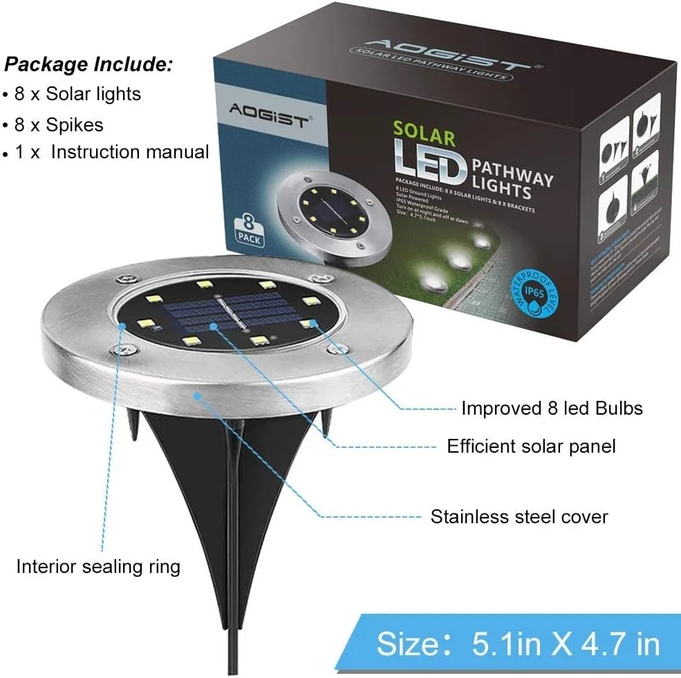 Aogist Outdoor Solar Ground Lights, 8 LED Waterproof Garden Disk Lights In-Ground Landscape Lighting for Lawn Patio Pathway Yard Deck Walkway (White, 8 Pack)