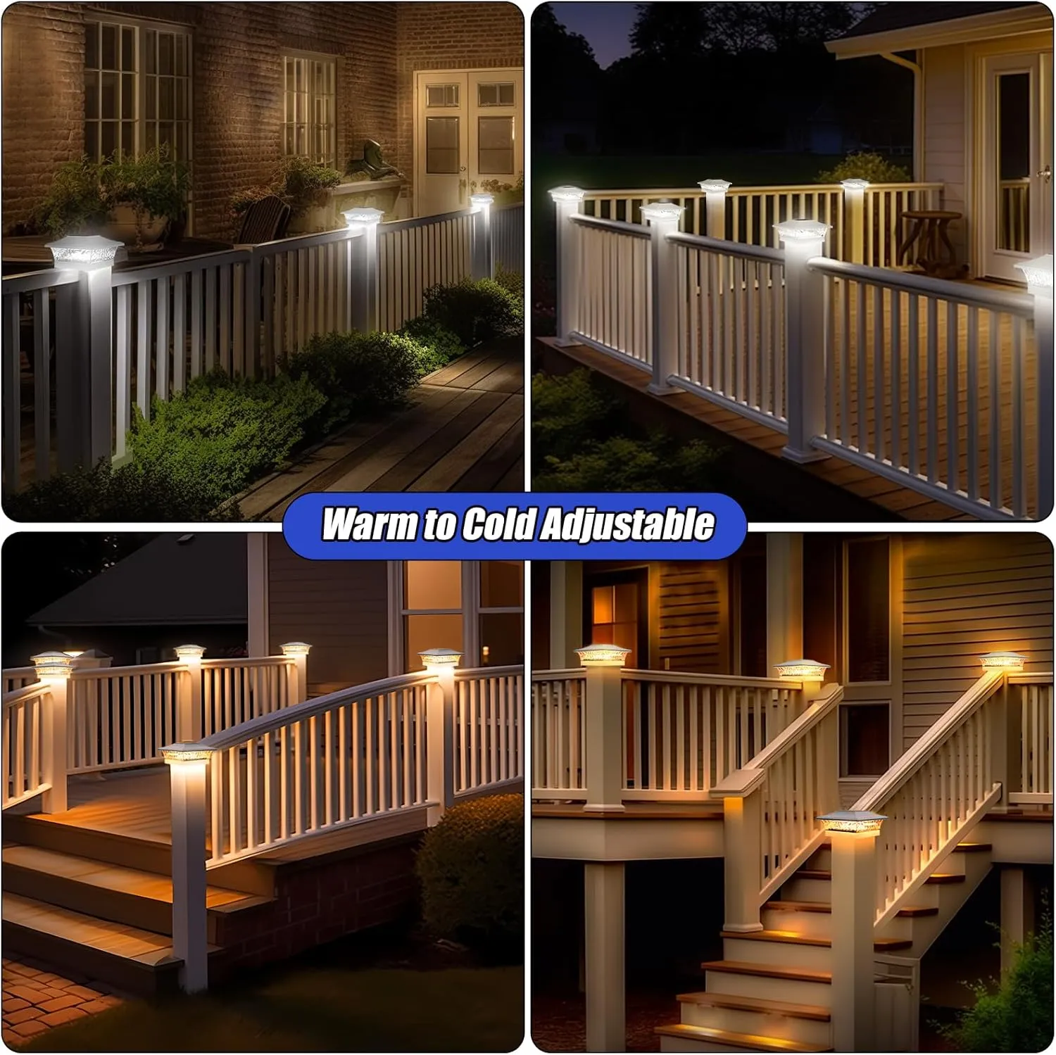 APONUO Vinyl Fence Post Solar Lights, 5x5 & 4x4 Post Caps, 2 Color Mode, Outdoor Waterproof, White, 12 Pack