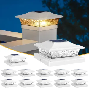 APONUO Vinyl Fence Post Solar Lights, 5x5 & 4x4 Post Caps, 2 Color Mode, Outdoor Waterproof, White, 12 Pack