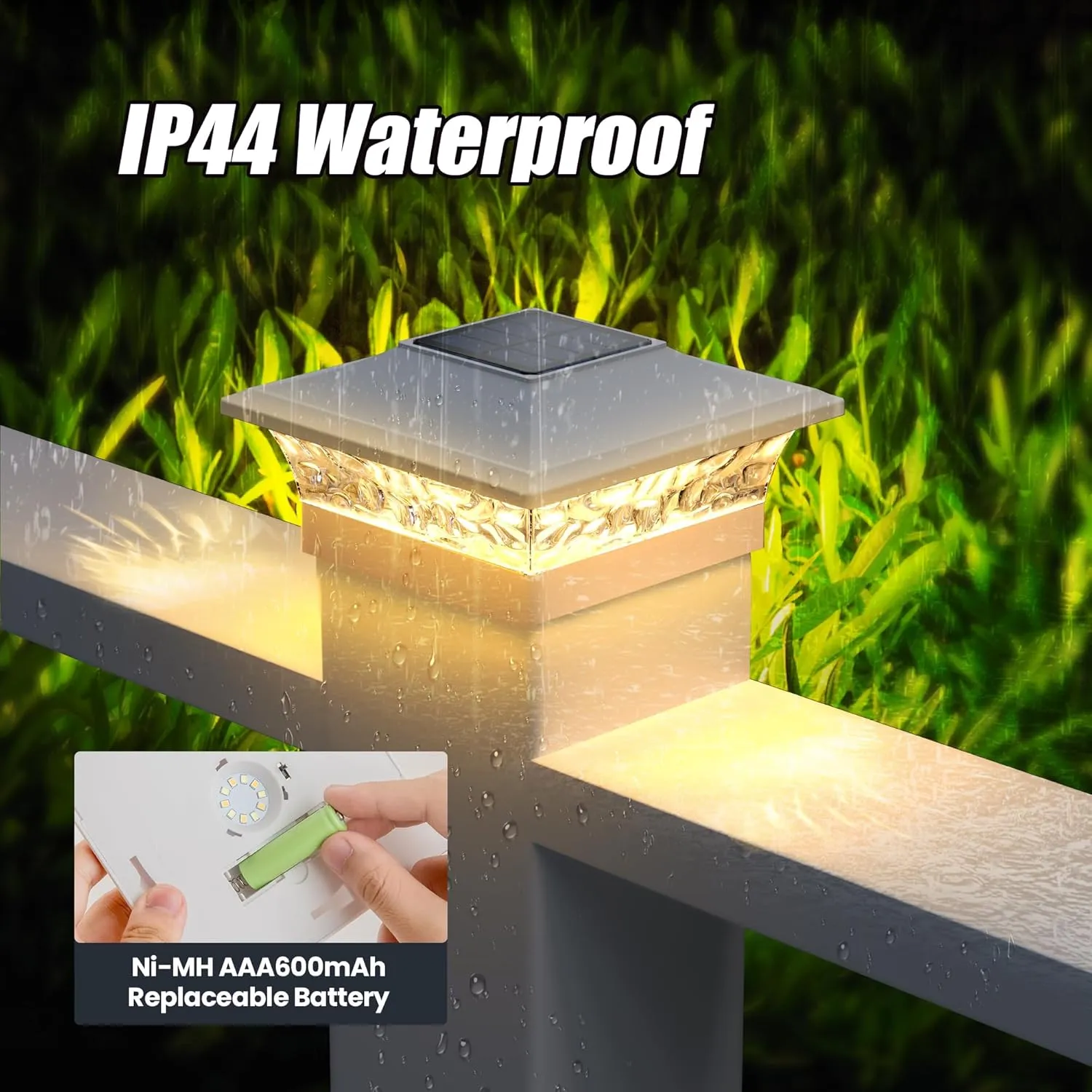 APONUO Vinyl Fence Post Solar Lights, 5x5 & 4x4 Post Caps, 2 Color Mode, Outdoor Waterproof, White, 12 Pack
