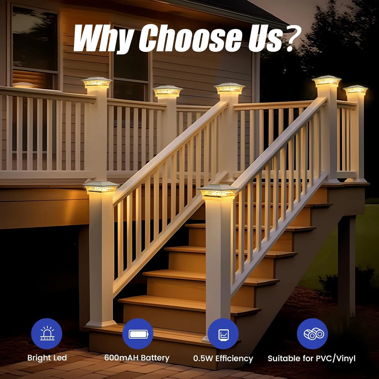 APONUO Vinyl Fence Post Solar Lights, 5x5 & 4x4 Post Caps, 2 Color Mode, Outdoor Waterproof, White, 12 Pack