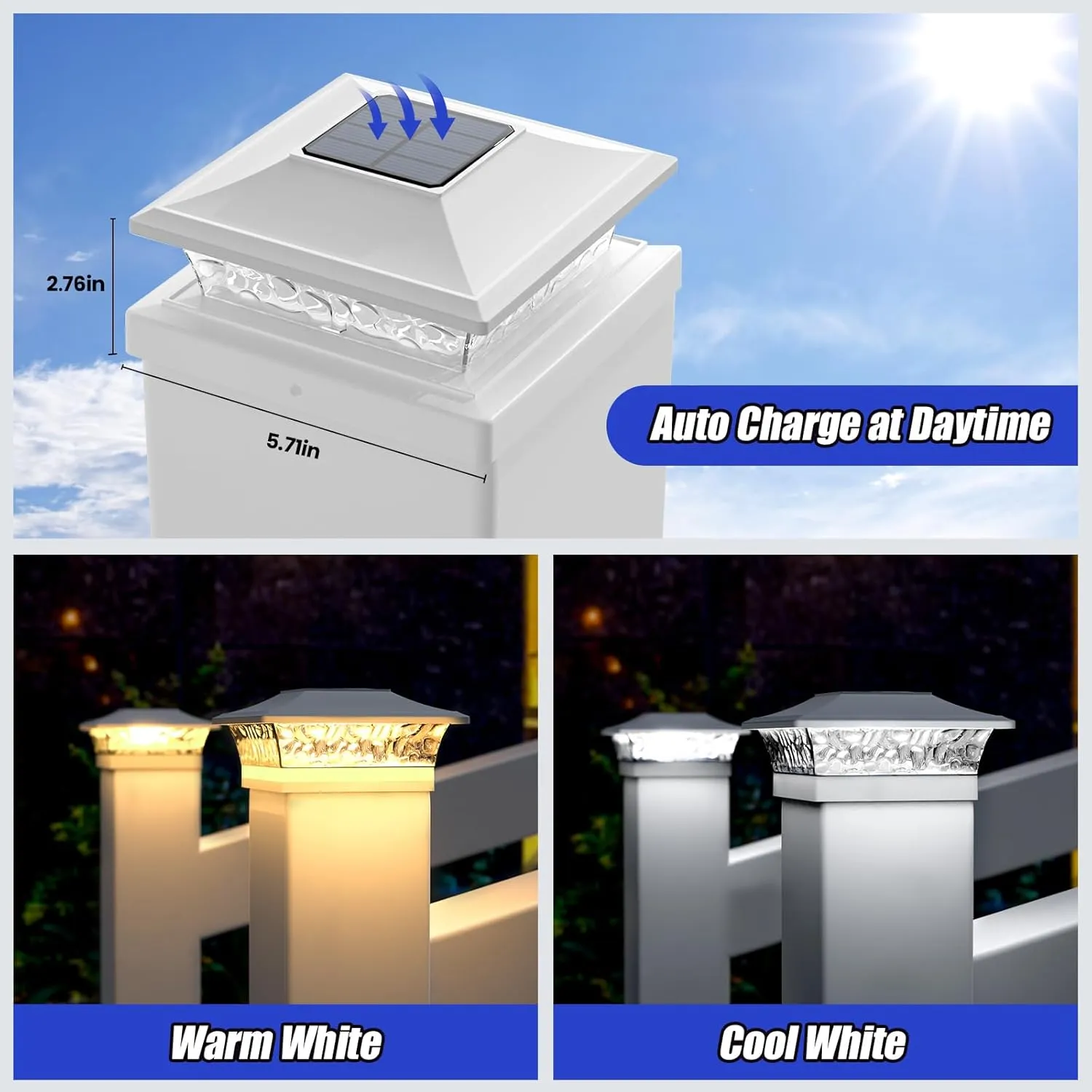 APONUO Vinyl Fence Post Solar Lights, 5x5 & 4x4 Post Caps, 2 Color Mode, Outdoor Waterproof, White, 12 Pack