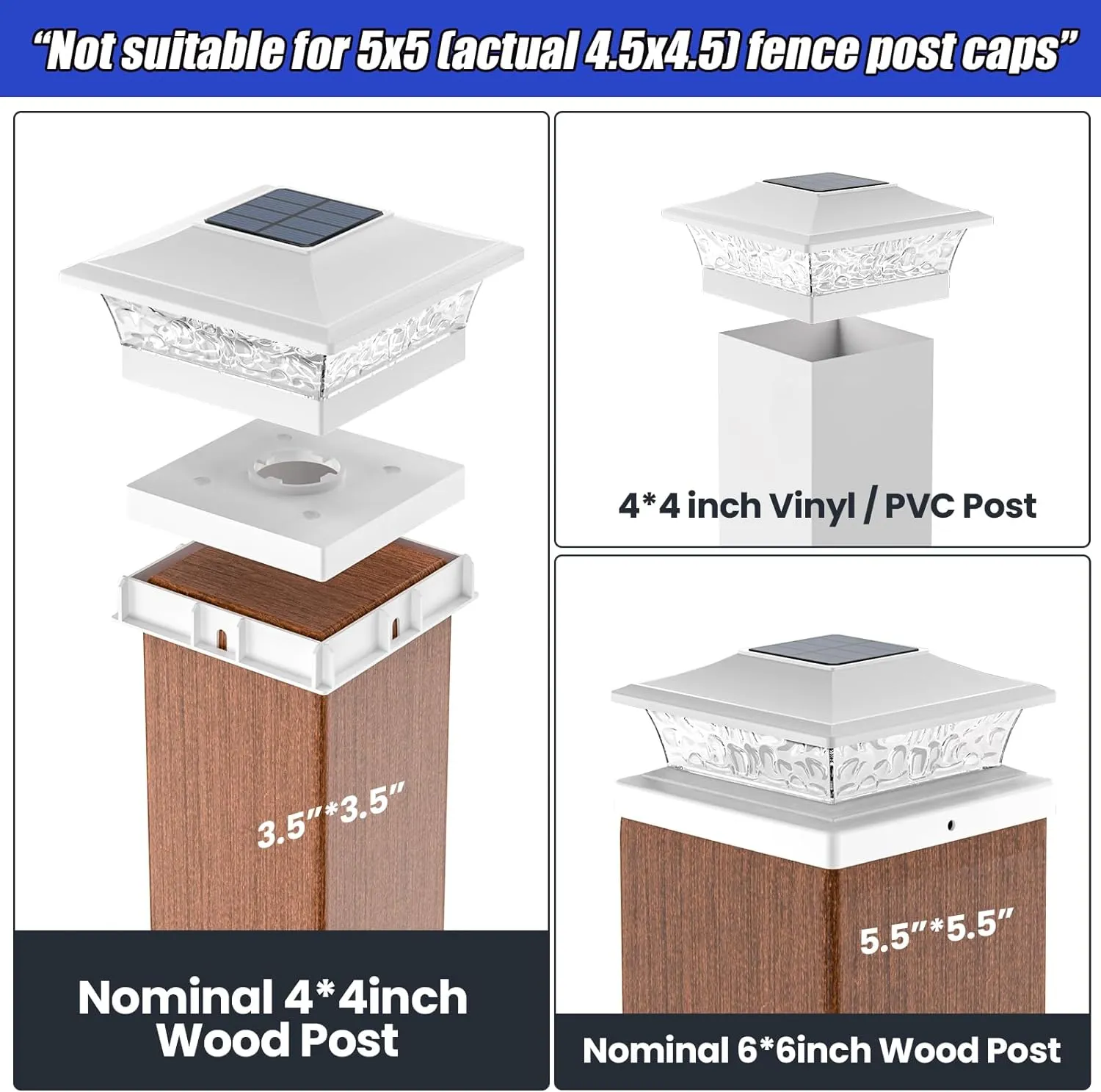 APONUO Vinyl Fence Post Solar Lights, 5x5 & 4x4 Post Caps, 2 Color Mode, Outdoor Waterproof, White, 12 Pack