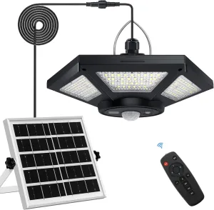 Aqonsie Solar Shed Light Indoor Outdoor Solar Powered Pendant Daytime Work Lights with 5 Lighting Modes & 3 Timers, 180LED Solar Indoor Lights Motion Sensor with Remote Control for Shed Barn Garage