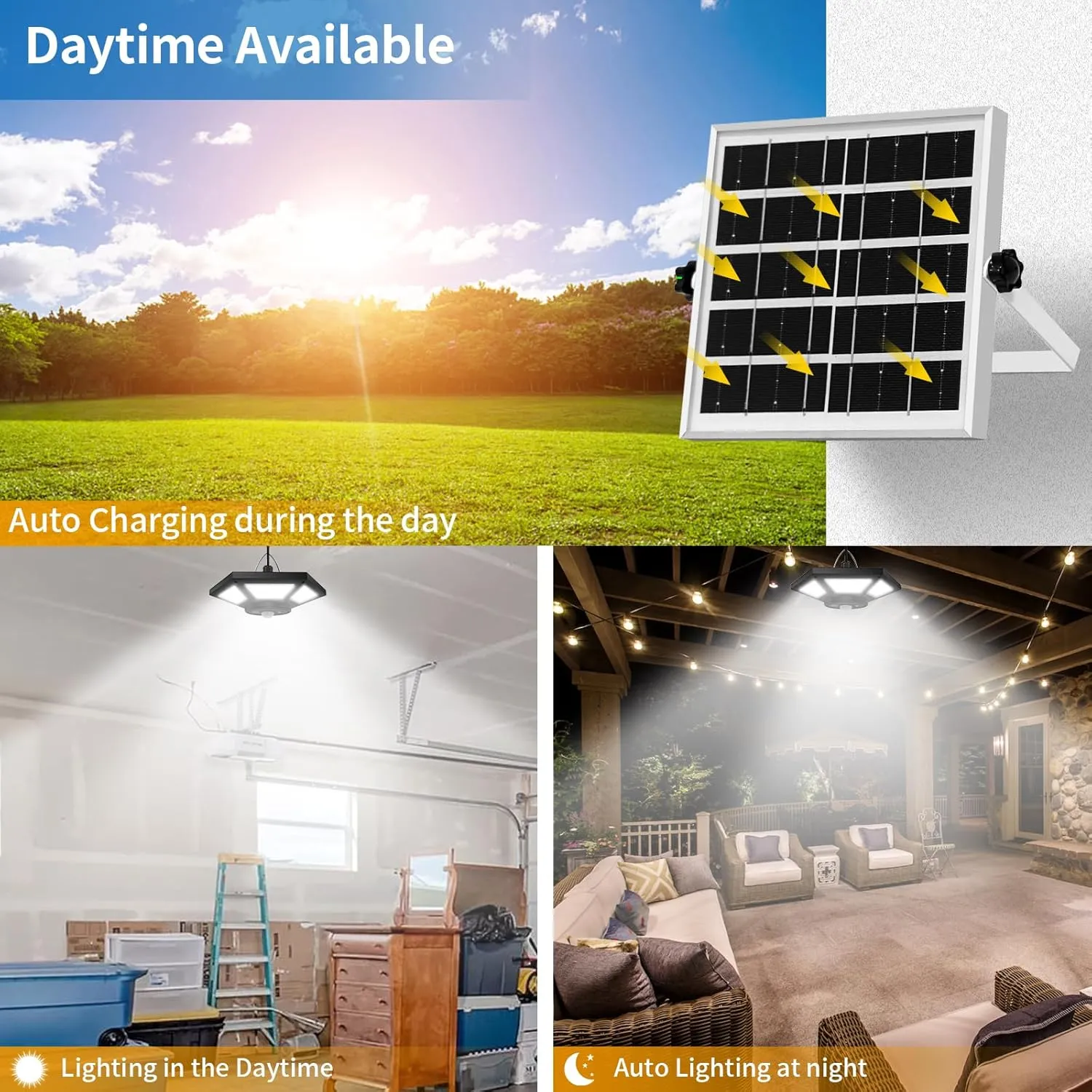 Aqonsie Solar Shed Light Indoor Outdoor Solar Powered Pendant Daytime Work Lights with 5 Lighting Modes & 3 Timers, 180LED Solar Indoor Lights Motion Sensor with Remote Control for Shed Barn Garage