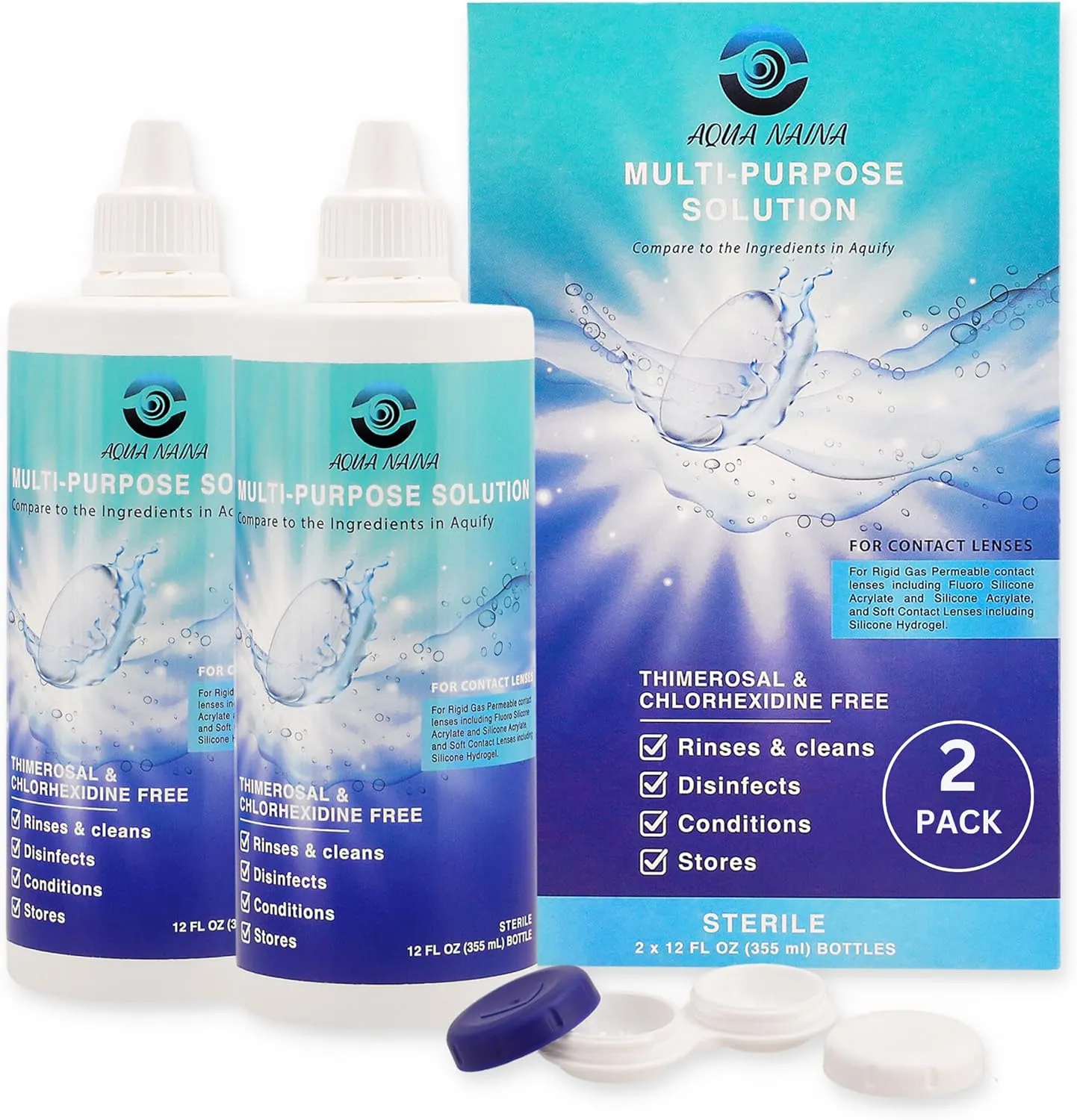 Aqua Naina Contact Solution Multi Purpose Contact Lens Solution with Lens Case Included, Disinfecting for Everyday Eye Care and Hygiene, 12 Fl Oz Pack of 2