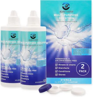 Aqua Naina Contact Solution Multi Purpose Contact Lens Solution with Lens Case Included, Disinfecting for Everyday Eye Care and Hygiene, 12 Fl Oz Pack of 2