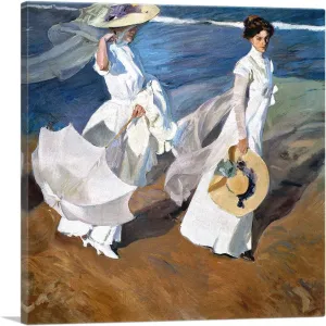 ARTCANVAS Seaside Stroll - Women Walking on the Beach 1909 Canvas Art Print Stretched Framed Painting Picture Poster Giclee Wall Decor by Joaquin Sorolla y Bastida - 12" x 12" (0.75" Deep)