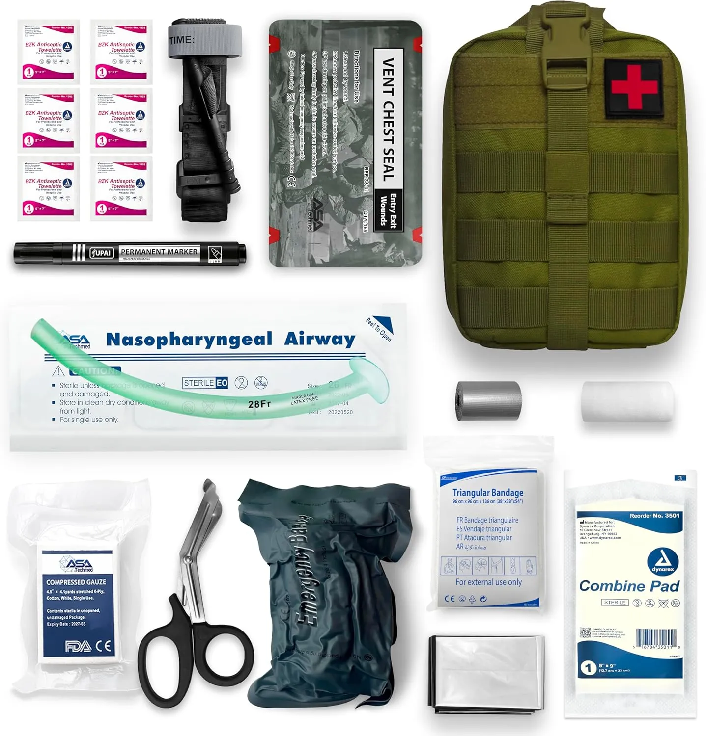 ASA Techmed Emergency Tactical Medical Kit – Comprehensive Trauma Kit for Preppers, Hunters, Hikers, Campers, Climbers, Military, First Responders, and Outdoors Adventures. (Green)