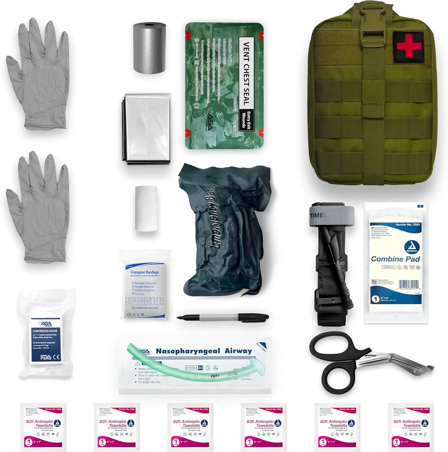 ASA Techmed IFAK Trauma Kit - Comprehensive MOLLE-Compatible First Aid Kit with 20 Essential Tools for Hemorrhage Control, Tactical First Aid, Gunshot Wound Care - Med Kit Tactical (Green)