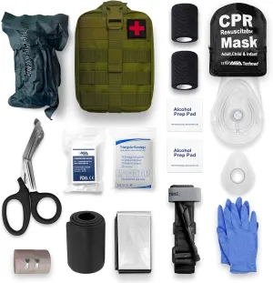 ASA Techmed Survival First Aid Kit/IFAK Trauma Kit with CPR Mask with Valves, Essential Gear for Preppers, Campers, Hunters, Bikers, Hikers, EMTs, Climbers, Military Personnel (Green)