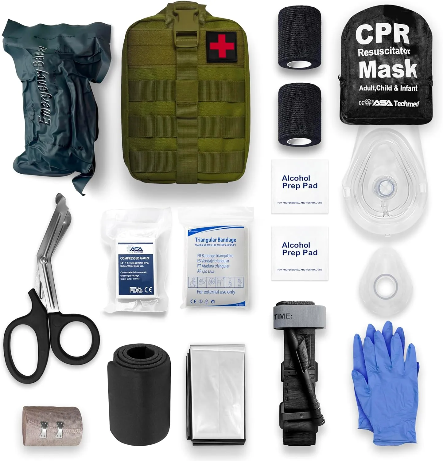 ASA Techmed Survival First Aid Kit/IFAK Trauma Kit with CPR Mask with Valves, Essential Gear for Preppers, Campers, Hunters, Bikers, Hikers, EMTs, Climbers, Military Personnel (Green)