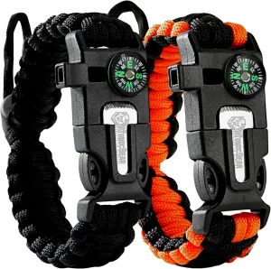 Atomic Bear Paracord Bracelet (2 Pack) - Adjustable - Fire Starter - Loud Whistle - Perfect for Hiking, Camping, Fishing and Hunting - Black & Black Orange