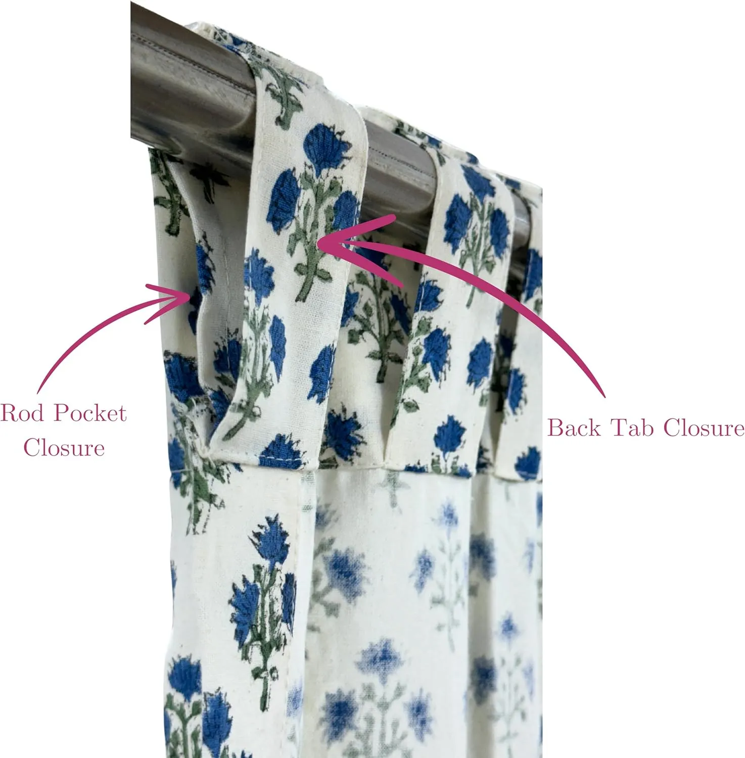 ATOSII 100% Cotton Single Panel Floral Block Print Curtain, Easy Hanging with Rod Pocket & Loop, Living Room, Dining Room, Bedroom Light Filtering Boho Curtains, Set of 1, 60"W X 84"L, Gulbahar Blue
