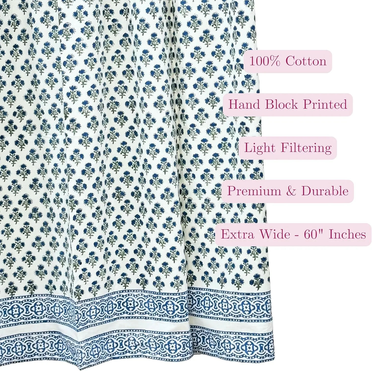ATOSII 100% Cotton Single Panel Floral Block Print Curtain, Easy Hanging with Rod Pocket & Loop, Living Room, Dining Room, Bedroom Light Filtering Boho Curtains, Set of 1, 60"W X 84"L, Gulbahar Blue