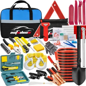 AUTODECO Car Emergency Roadside Kit Safety Assistance Kit for Vehicle with Shovel Jumper Cable First Aid Kit