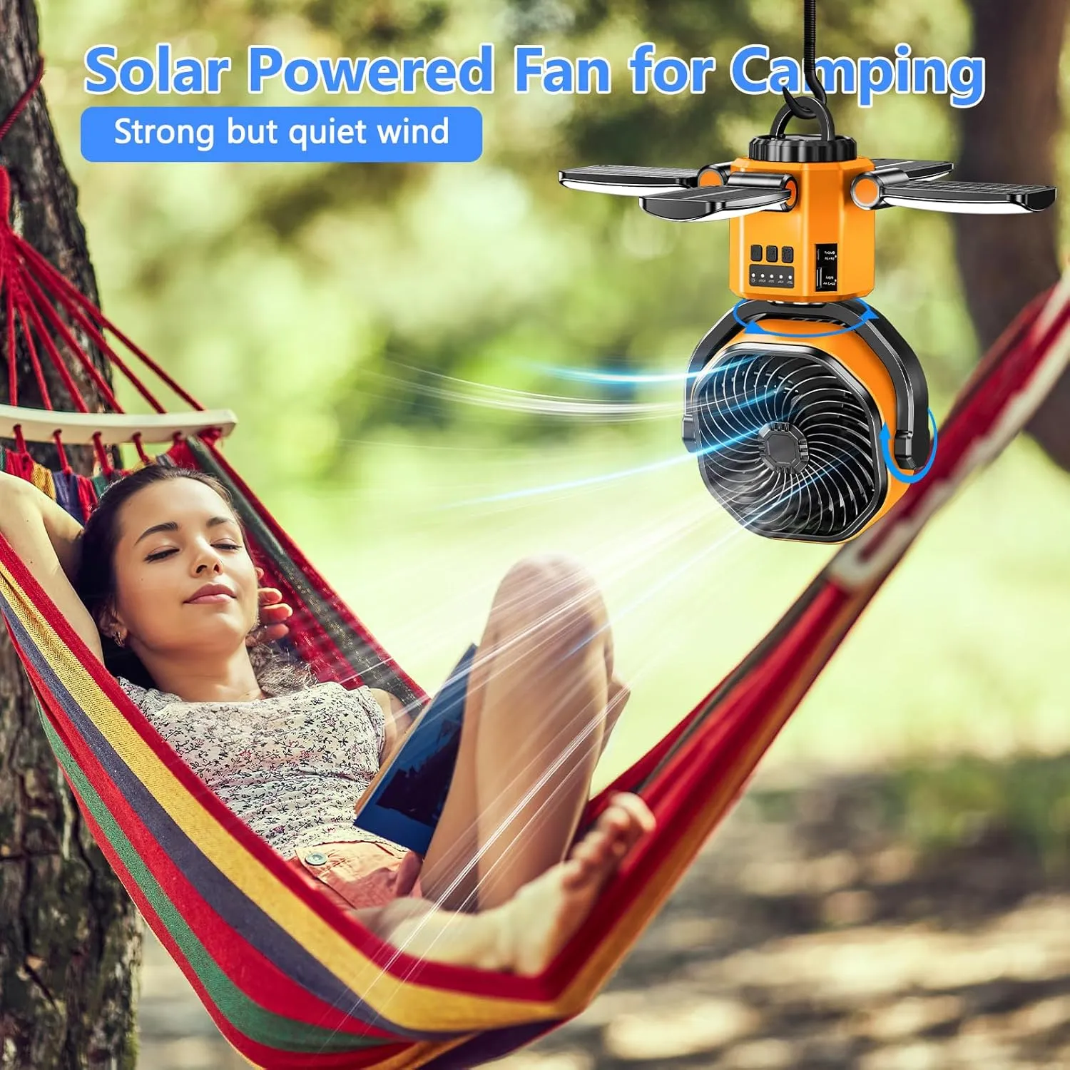 Automatic Oscillating Solar Camping Fan, 6000 mAh Rechargeable Fan with 4 Led Light, 4 Wind Speeds,3 Level Lighting, Suitable for Camping, Fishing, Picnics, Etc.-Orange