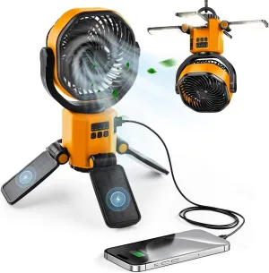 Automatic Oscillating Solar Camping Fan, 6000 mAh Rechargeable Fan with 4 Led Light, 4 Wind Speeds,3 Level Lighting, Suitable for Camping, Fishing, Picnics, Etc.-Orange