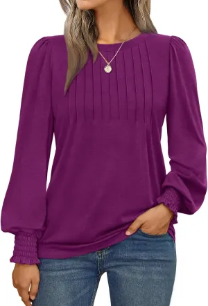 AUTOMET Long Sleeve Shirts Womens Pleated Business Casual Blouses with Smocked Cuffs