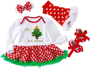 Baby Girl My First Christmas Outfit 4PCS Newborn Tutu Romper Dress Headband Leg Warmer Shoes Holiday Xmas