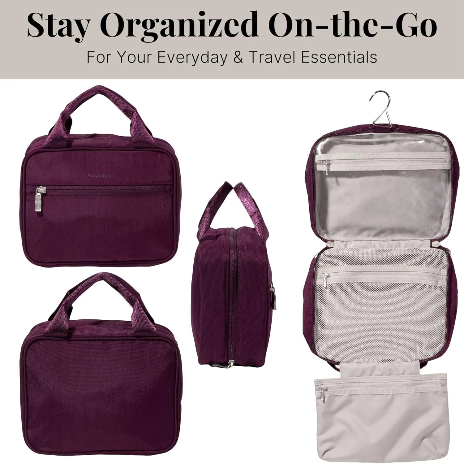 Baggallini Unisex's Hanging Travel Toiletry Kit-Lightweight 6x10 Inch Makeup Bag Toiltery
