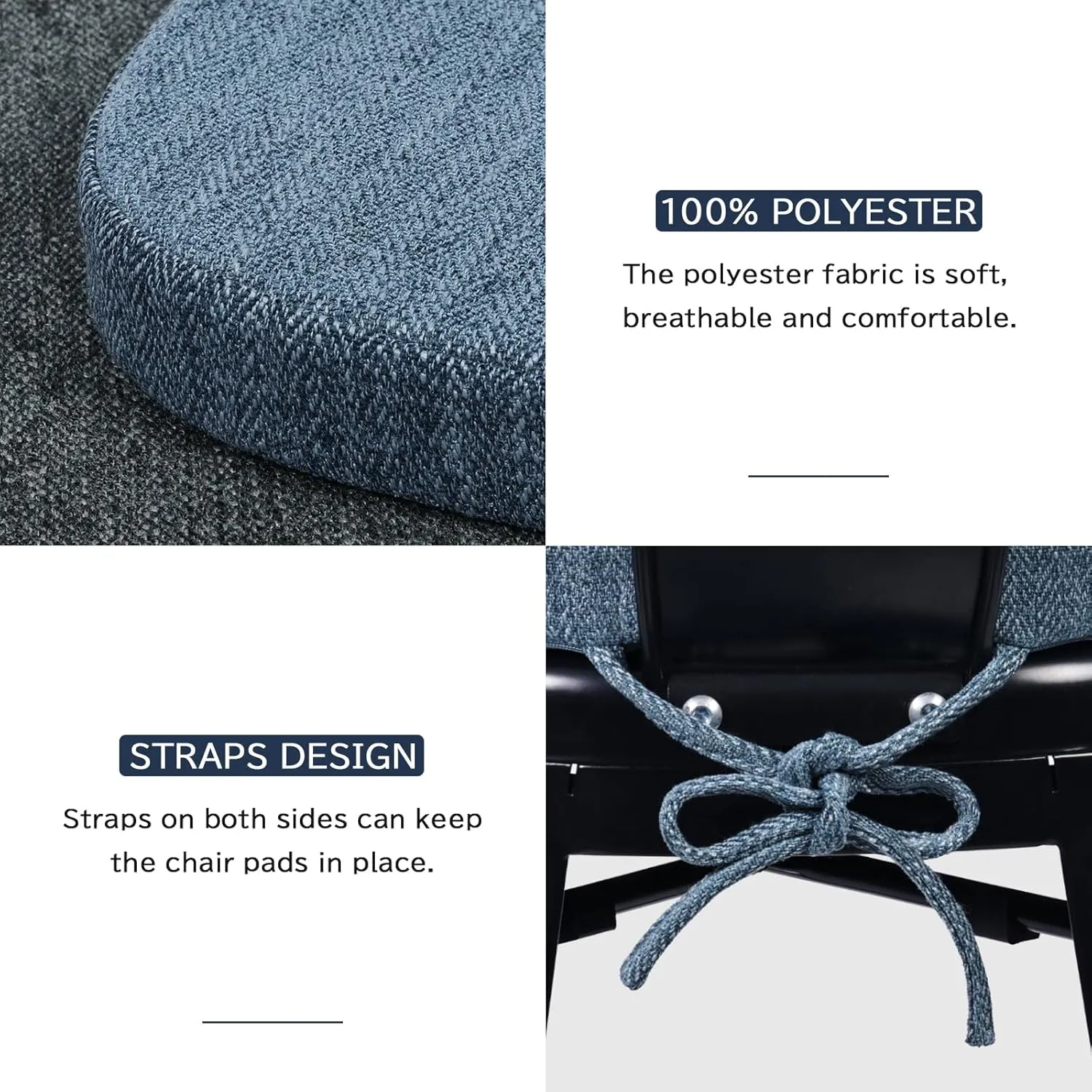 baibu 14In Metal Chair Cushion with Ties, Set of 4 Non-Slip Metal Dining Chair Pads Kitchen Seat Cushions with Machine Washable Cover, 14x14x1.5in, Blue