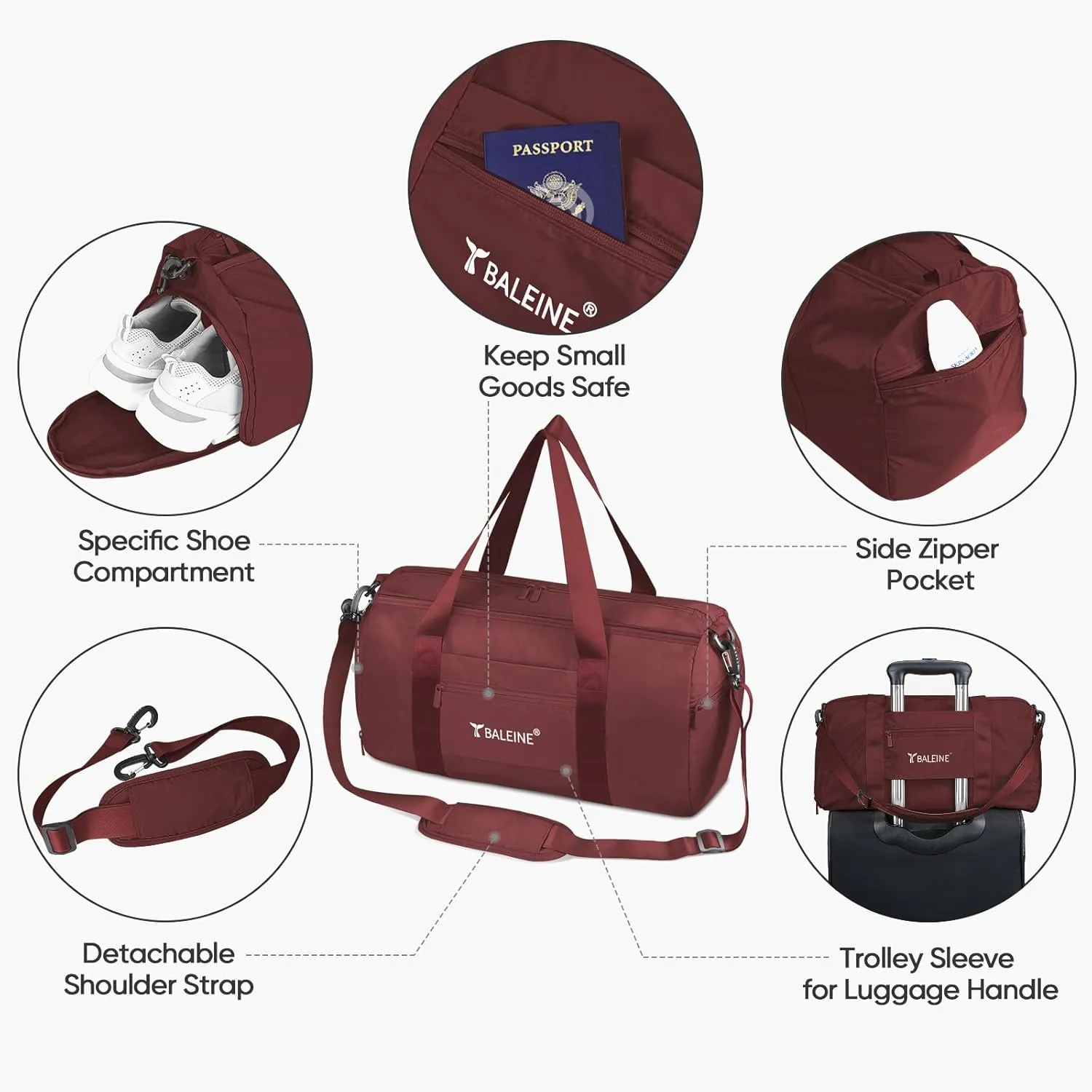 BALEINE Gym Bag for Women and Men, Duffel Bag for Sports, Gyms and Weekend Getaway, Waterproof Dufflebag with Shoe and Wet Clothes Compartments, Lightweight Carryon Gymbag (Red)