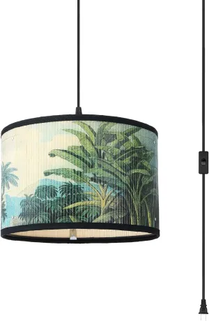 Bamboo Lamp Shade,Hanging Lights with Plug in Cord （15ft）,Hanging Pendant Light with Pattern,Boho Hanging Lights for Kitchen Bedroom Decor Living Room Light Fixture Hanging Lights Indoor