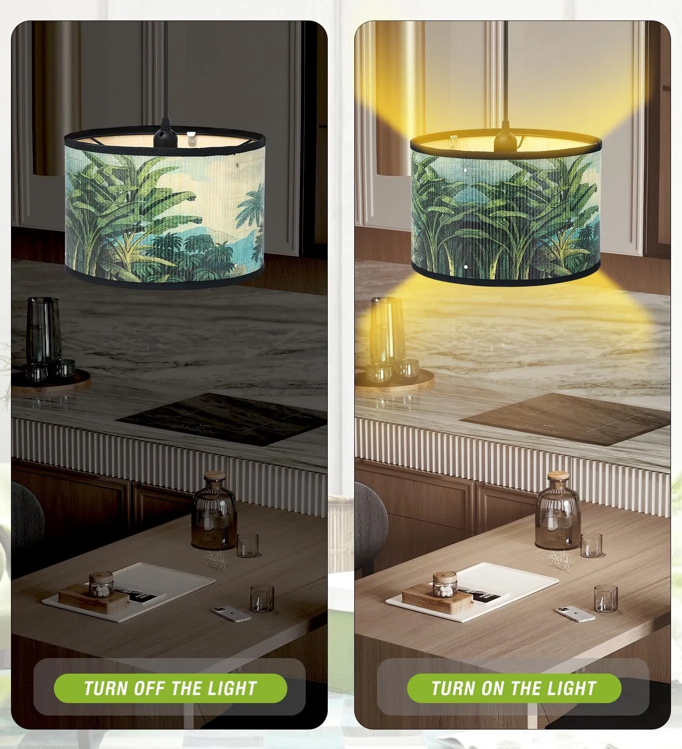 Bamboo Lamp Shade,Hanging Lights with Plug in Cord （15ft）,Hanging Pendant Light with Pattern,Boho Hanging Lights for Kitchen Bedroom Decor Living Room Light Fixture Hanging Lights Indoor