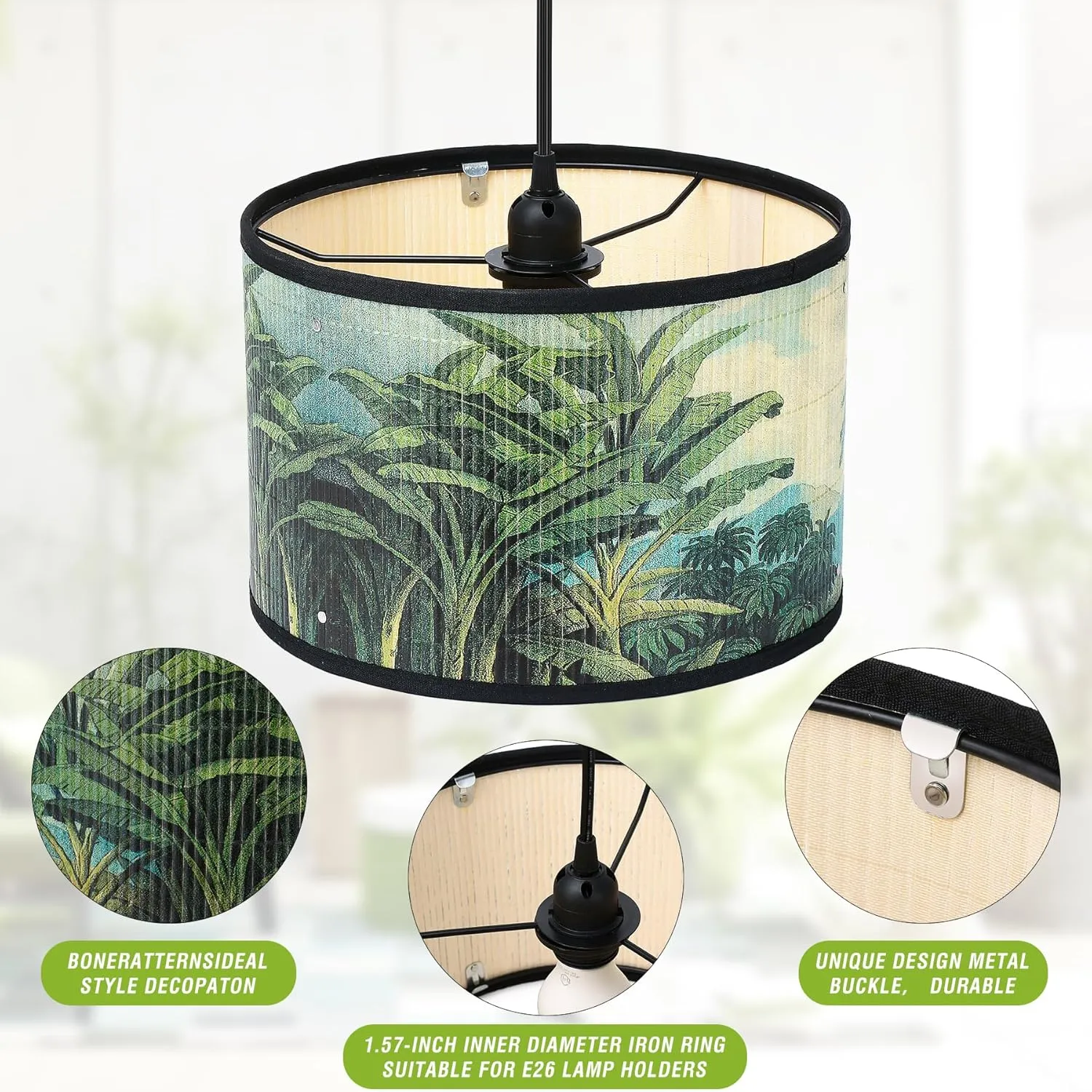 Bamboo Lamp Shade,Hanging Lights with Plug in Cord （15ft）,Hanging Pendant Light with Pattern,Boho Hanging Lights for Kitchen Bedroom Decor Living Room Light Fixture Hanging Lights Indoor