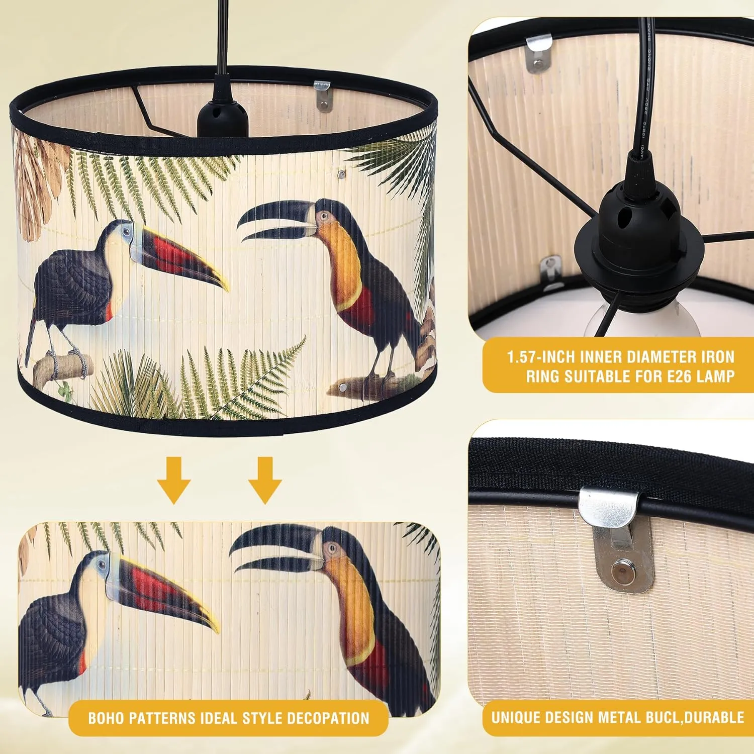 Bamboo Pendant Light,Hanging Lights with Plug in Cord （15ft）,Macrame Boho Hanging Lamp with Pattern,Bohemian Hanging Lights for Kitchen Bedroom Living Room Decor Bamboo lamp Shade