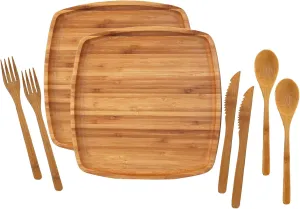 BambooMN Camping Mess Kit Lightweight Organic 10" x 10" Bamboo Plates, Forks, Knifes and Spoons for Camping, Hiking, or Backpacking - 2 Sets