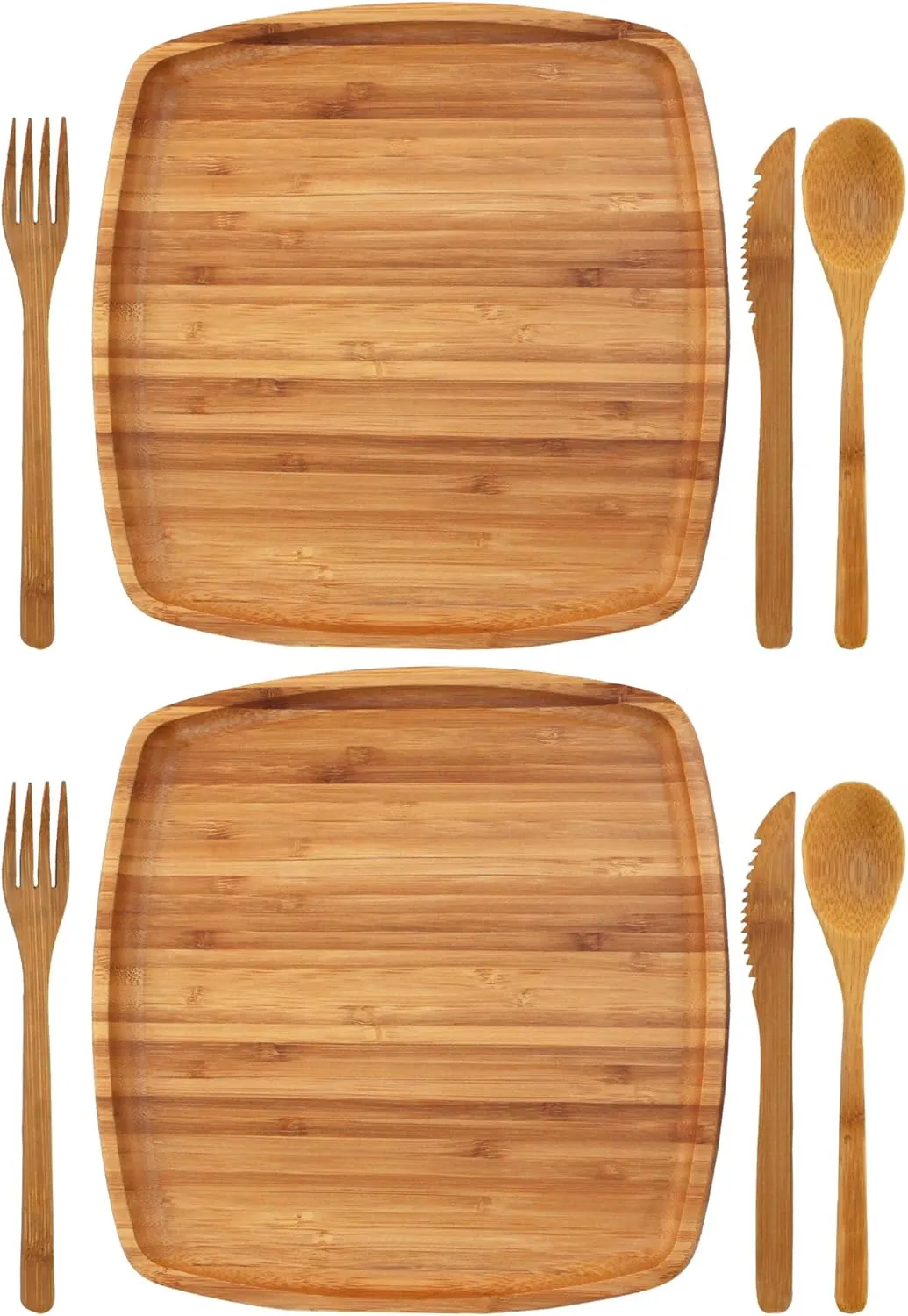 BambooMN Camping Mess Kit Lightweight Organic 10" x 10" Bamboo Plates, Forks, Knifes and Spoons for Camping, Hiking, or Backpacking - 2 Sets