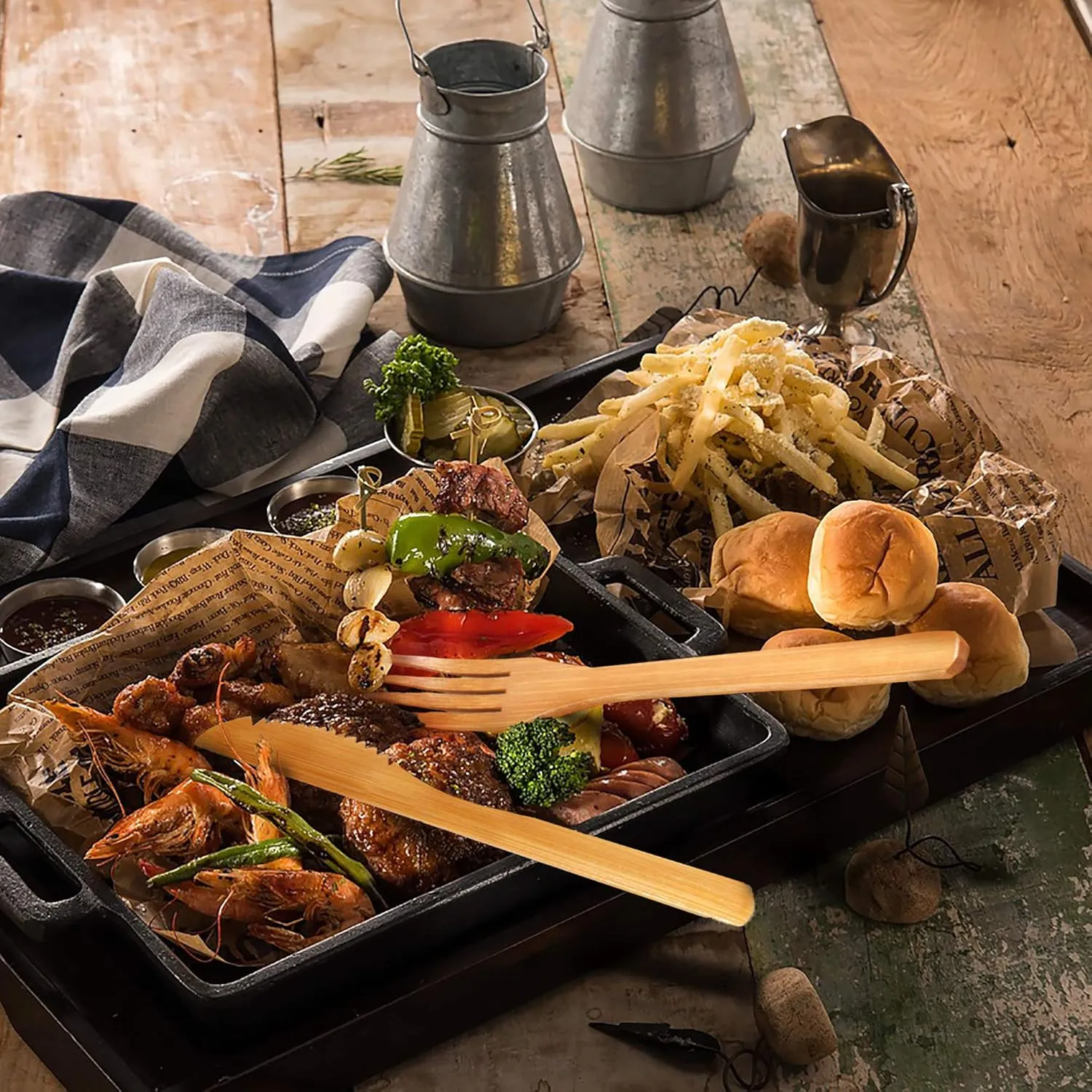 BambooMN Camping Mess Kit Lightweight Organic 10" x 10" Bamboo Plates, Forks, Knifes and Spoons for Camping, Hiking, or Backpacking - 2 Sets