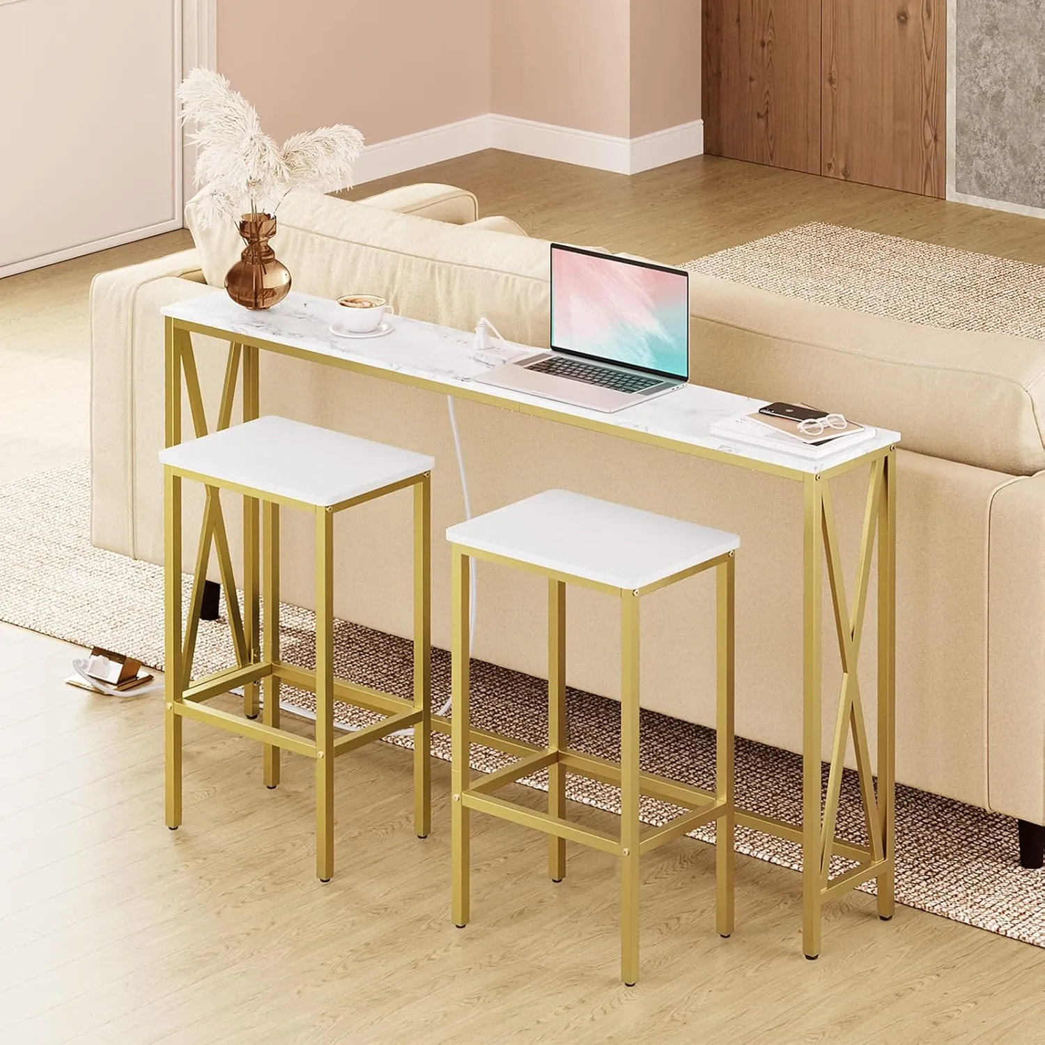 Bar Stools, Set of 2 Bar Chairs, Kitchen Breakfast Bar Stools with Footrest, 25.8-Inch Height, Rectangular Industrial Stools, for Dining Room, Easy Assembly, White and Gold BAJW0101