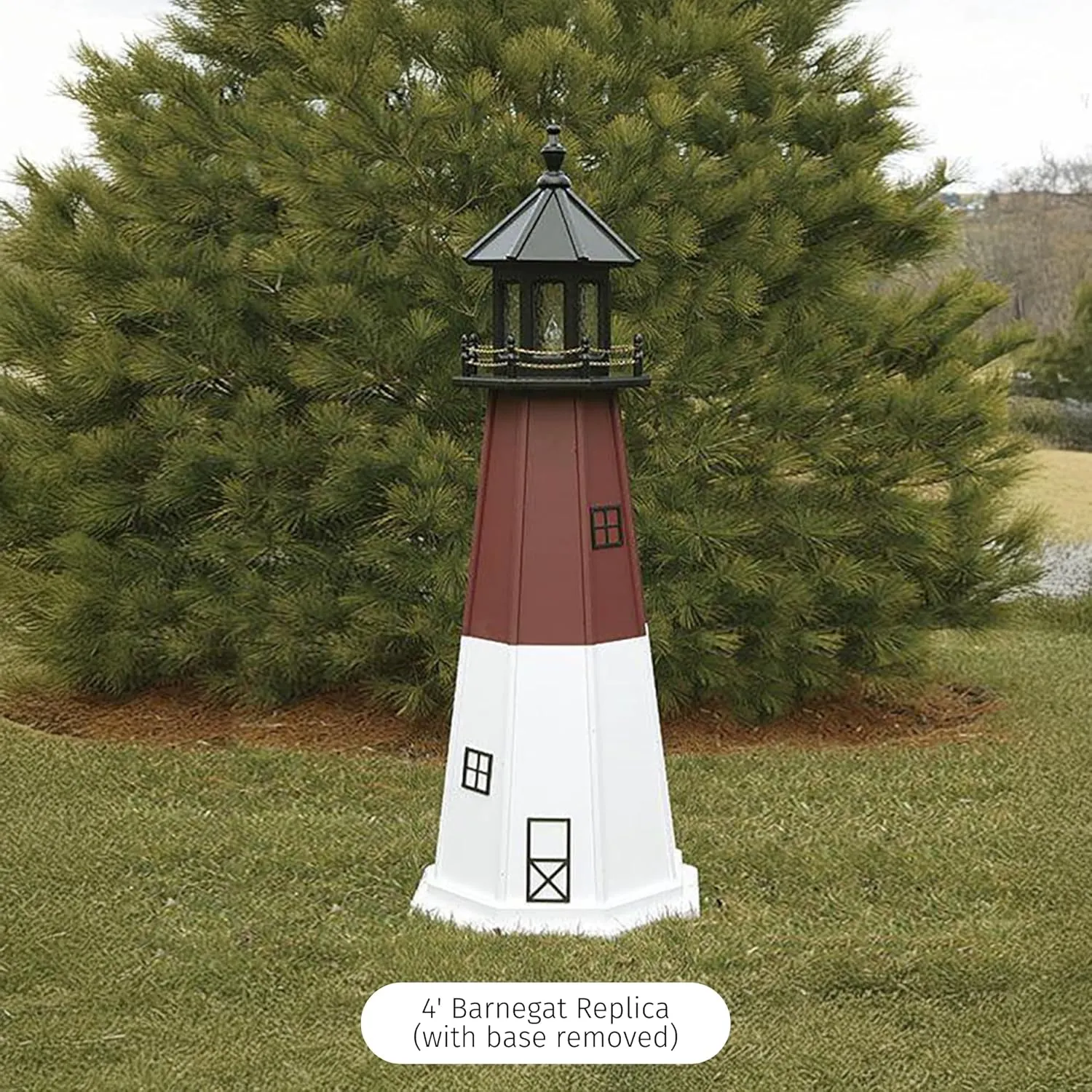 Barnegat, NJ Lighthouse Replica Garden Statues with Dusk to Dawn Solar Outdoor Lighting, Solar Garden Decor for Outside, Lighthouse Gifts - Amish Furniture Made in USA (4' with Base)