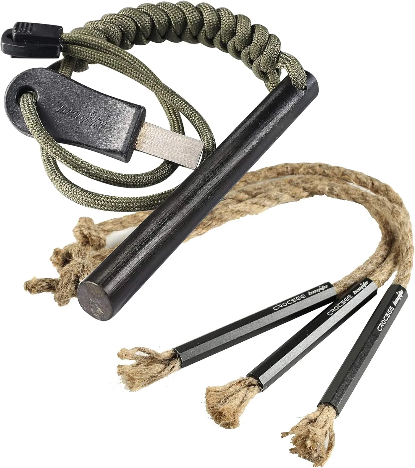 bayite 4 Inch Survival Flint Fire Starter Ferro Rod Kit with Striker, CrocSee Pack of 3 Survival Wick Hemp Cords Tinder