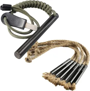bayite 4 Inch Survival Flint Fire Starter Ferro Rod Kit with Striker, CrocSee Pack of (6) Survival Wick Hemp Cords Tinder