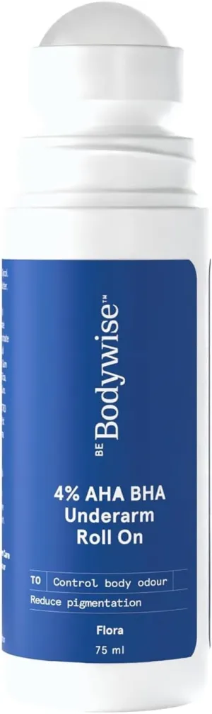Be Bod.ywise 4% AHA BHA UnderArm Roll On 75ml | 2% Lactic Acid, 1% Mandelic Acid, 1% Salicylic acid | Prevents Body Odour & Pigmentation | Fresh Floral Fragrance | Alcohol & Aluminum Free