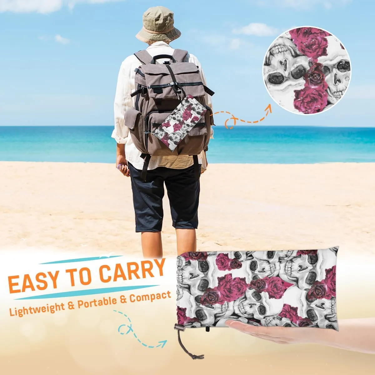 Beach Blanket, Flower Skull Sandproof Beach Mat, Waterproof Quick Drying Sand Free Mat with 4 x Ground Spikes for Outdoor Travel Camping Hiking, Skull Print 68 x 59 in