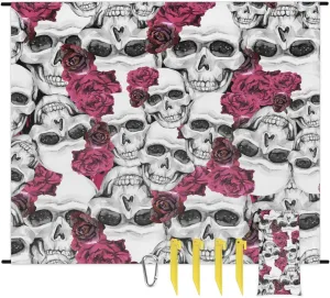 Beach Blanket, Flower Skull Sandproof Beach Mat, Waterproof Quick Drying Sand Free Mat with 4 x Ground Spikes for Outdoor Travel Camping Hiking, Skull Print 68 x 59 in
