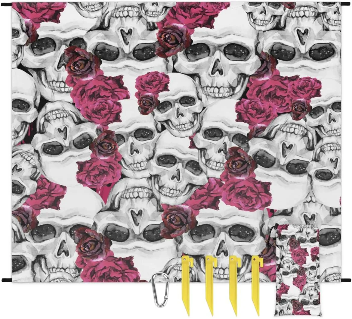 Beach Blanket, Flower Skull Sandproof Beach Mat, Waterproof Quick Drying Sand Free Mat with 4 x Ground Spikes for Outdoor Travel Camping Hiking, Skull Print 68 x 59 in