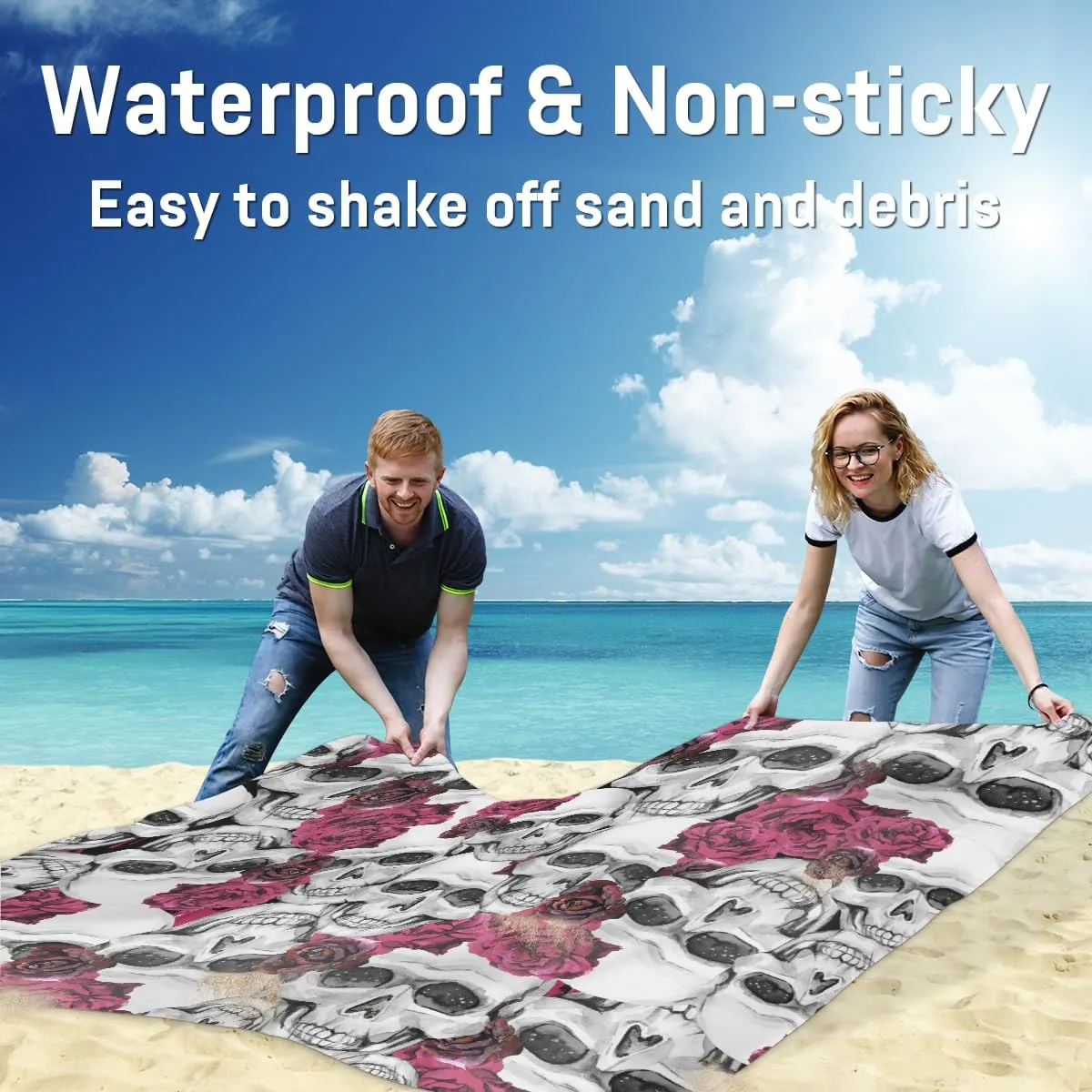 Beach Blanket, Flower Skull Sandproof Beach Mat, Waterproof Quick Drying Sand Free Mat with 4 x Ground Spikes for Outdoor Travel Camping Hiking, Skull Print 68 x 59 in