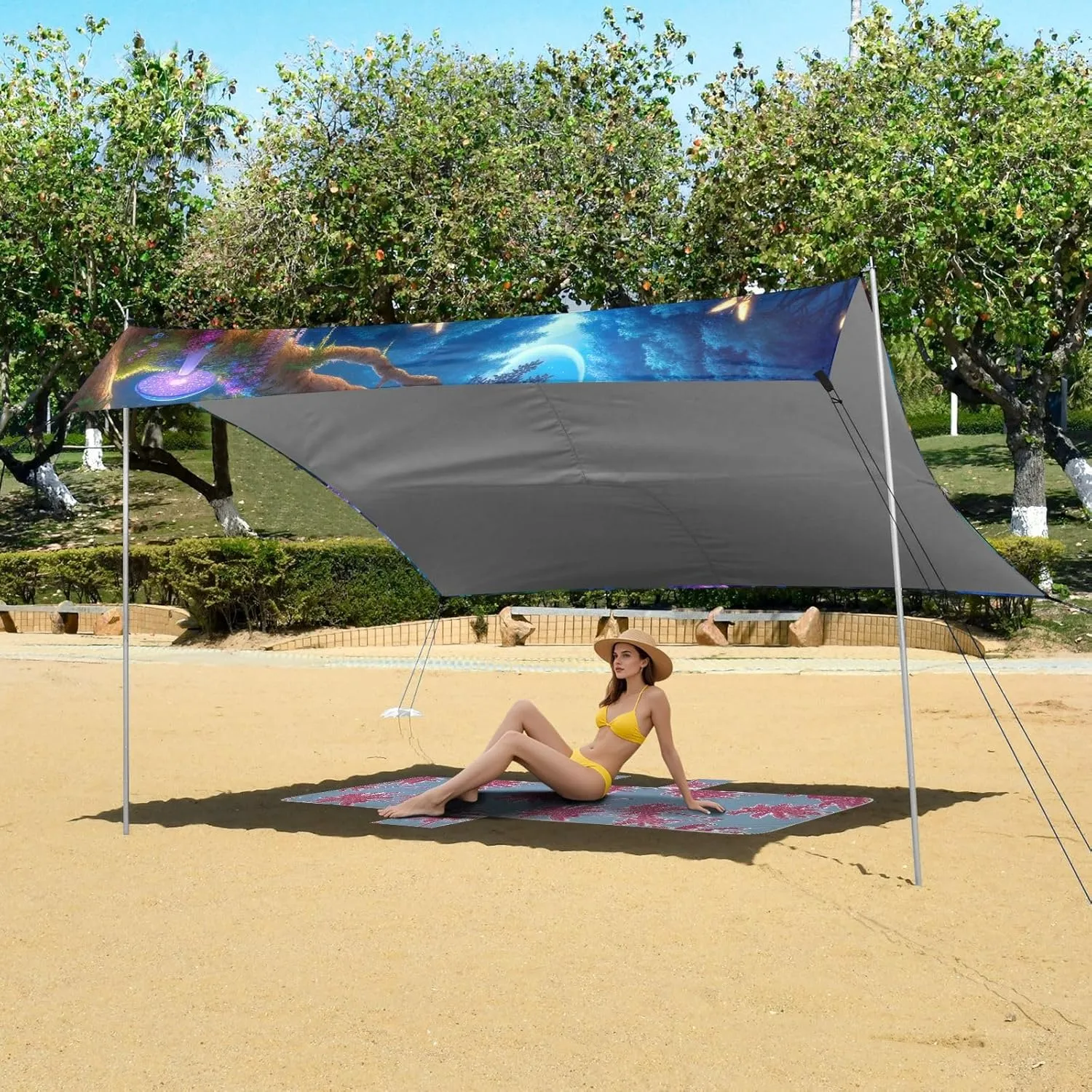 Beach Canopy Tent 9.2 × 10.5 FT Patio Sun Shade Outdoor Painting Magical Forest Pool Travel Camping Sun Shelter Windproof with Sand Anchor Poles