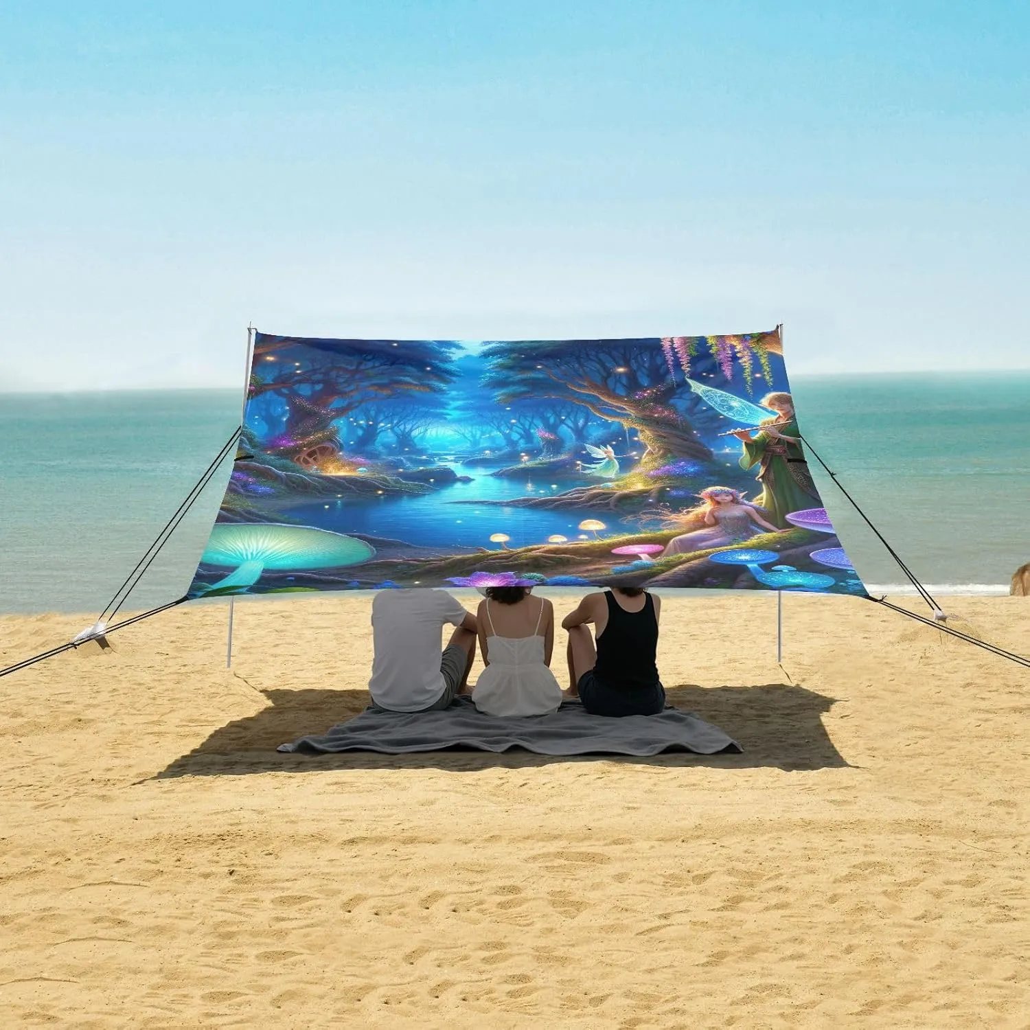 Beach Canopy Tent 9.2 × 10.5 FT Patio Sun Shade Outdoor Painting Magical Forest Pool Travel Camping Sun Shelter Windproof with Sand Anchor Poles