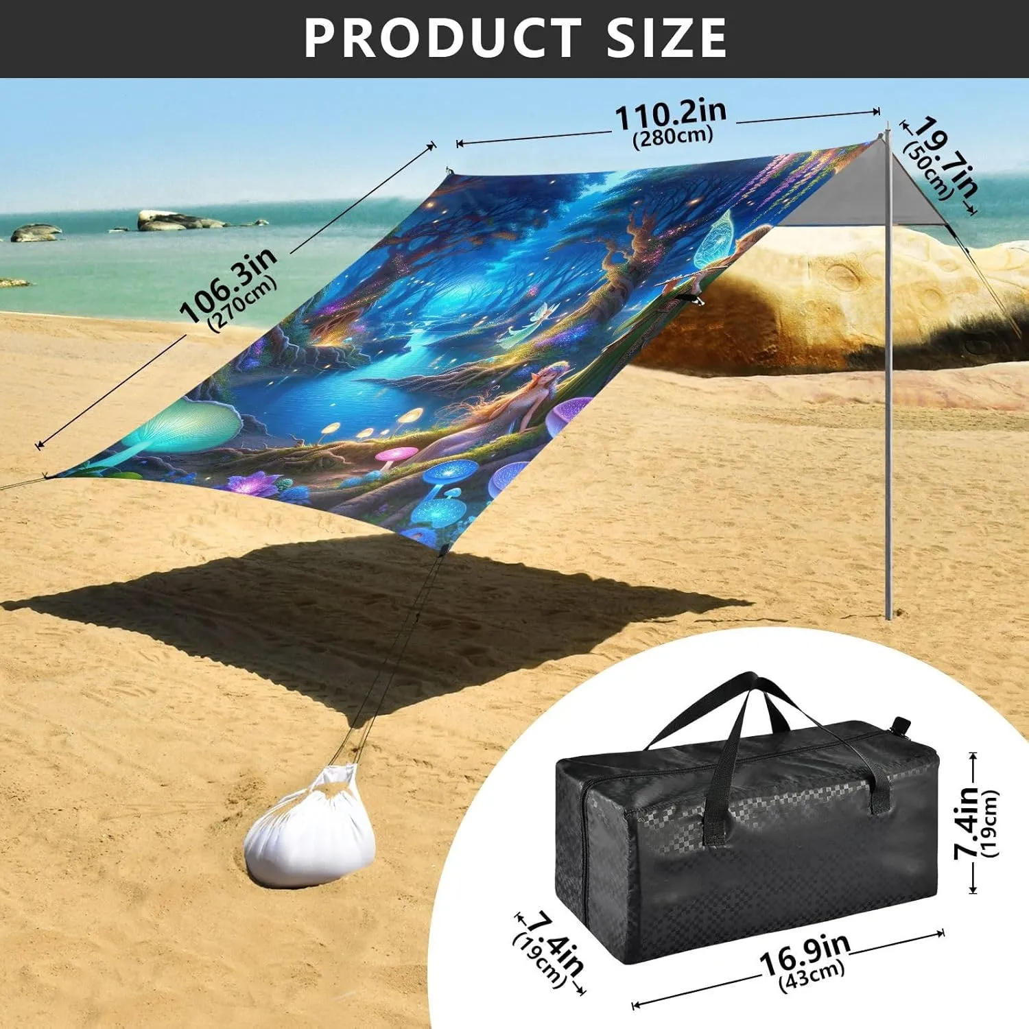 Beach Canopy Tent 9.2 × 10.5 FT Patio Sun Shade Outdoor Painting Magical Forest Pool Travel Camping Sun Shelter Windproof with Sand Anchor Poles