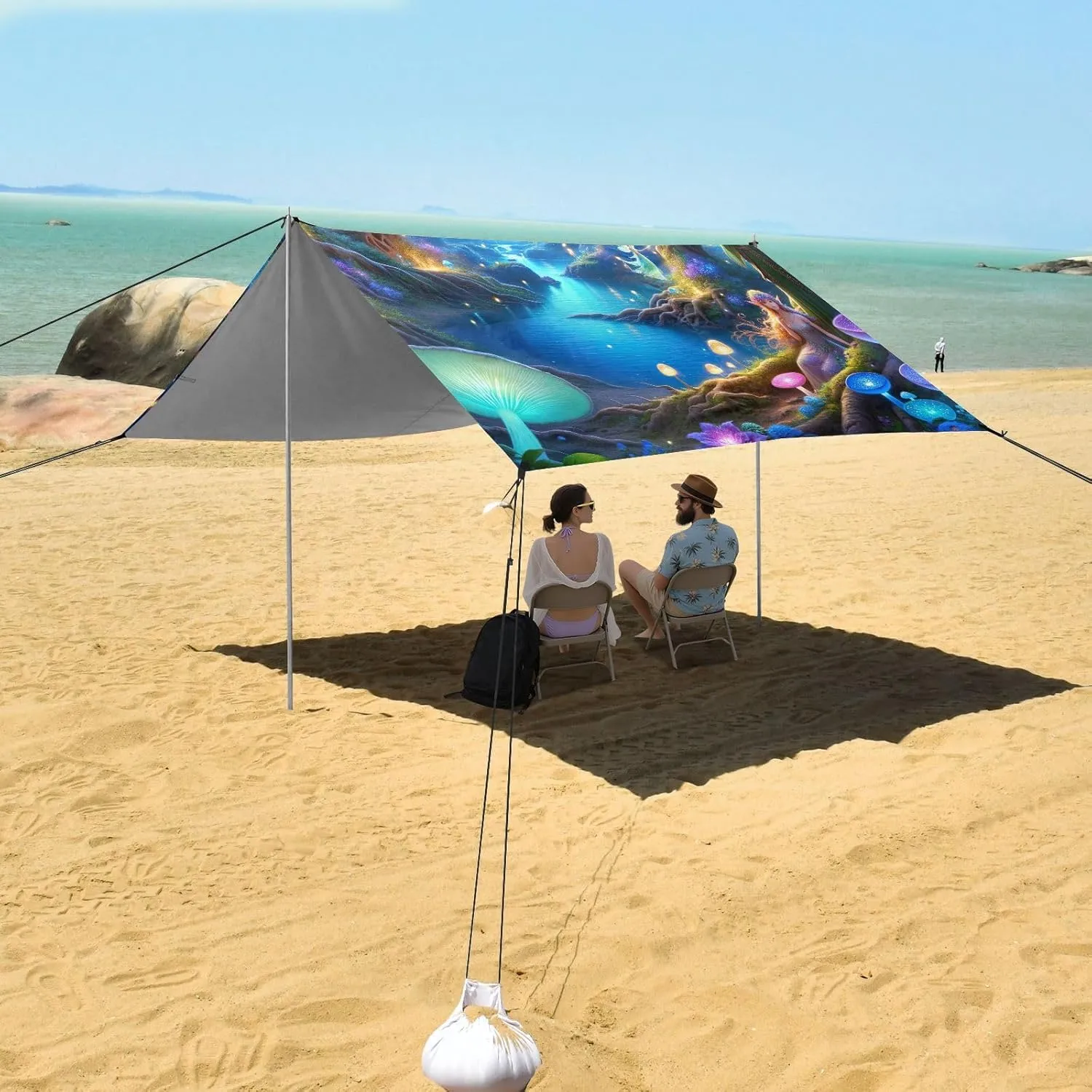 Beach Canopy Tent 9.2 × 10.5 FT Patio Sun Shade Outdoor Painting Magical Forest Pool Travel Camping Sun Shelter Windproof with Sand Anchor Poles