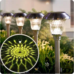 Beau Jardin 4 Pack Solar Pathway Lights Outdoor Stainless Steel Lights Solar Powered Waterproof Glass High Lumen Garden Landscape Path Yard Walkway Driveway Outside Color Changing Cool White Silver