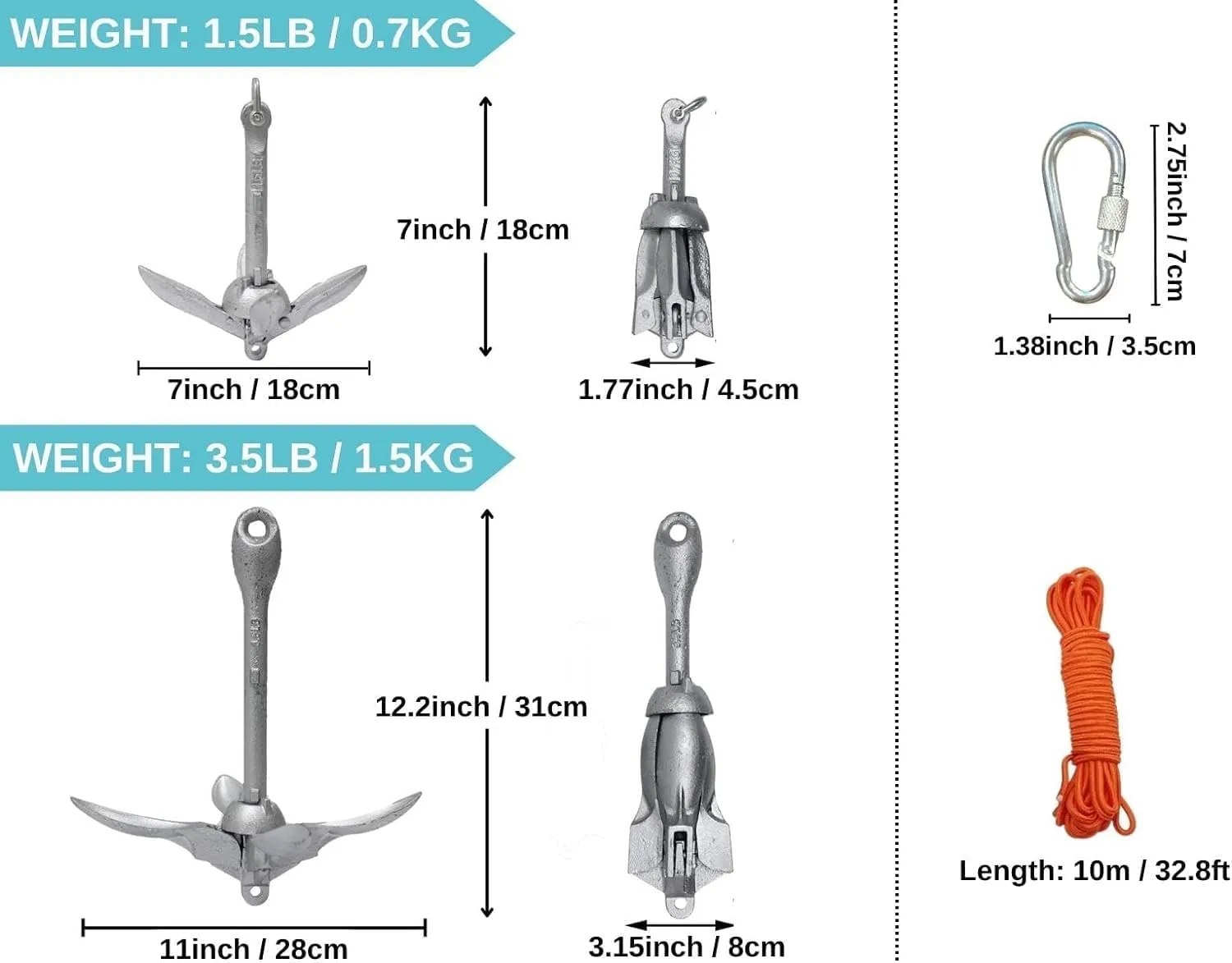 BeGrit Kayak Anchor Small Boat Anchor Folding Marine Anchor for Fishing,Kayak,Paddle Board,Canoe,Jet Ski, with 32.8 ft Anchor Tow Rope Carrying Bag